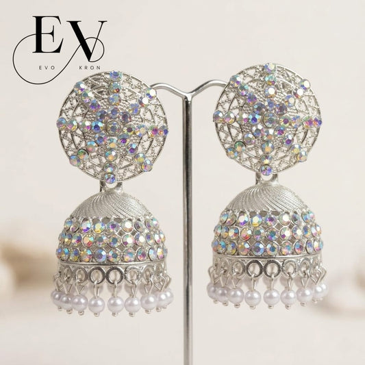 Aurora Jhumkas | Silver Filigree Disc Jhumka Earrings with Full AB Crystal For Woman And girls Jewellery