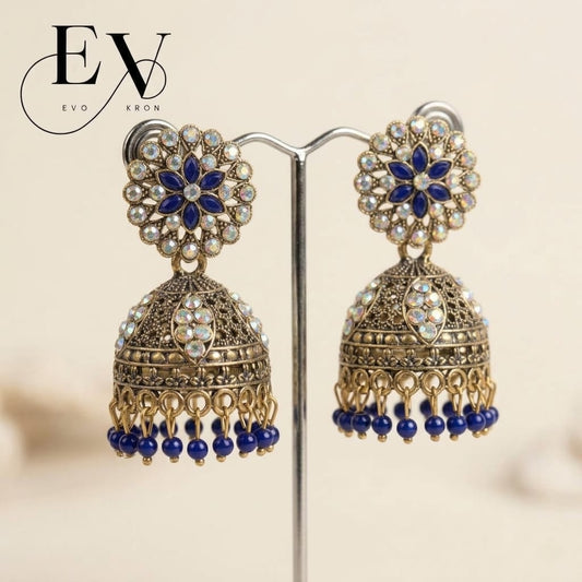 Indigo Bloom Jhumkas | Antique Gold Oxidised Jhumka Earrings with Blue Sapphire Flower Top & Bead Drops For Woman And girls Jewellery