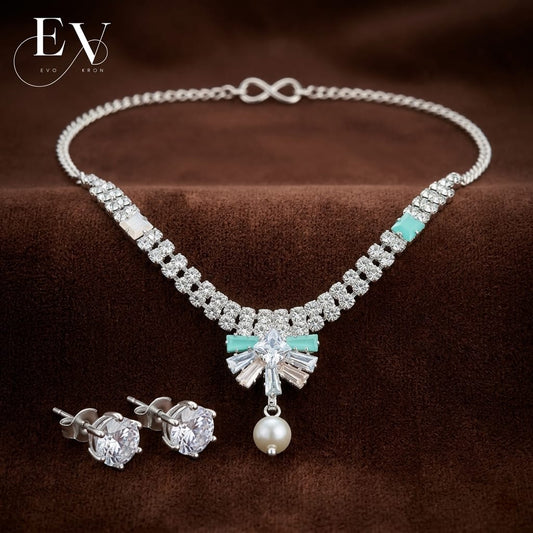 Ethereal Collection | AD Tennis Necklace Set with Mint & Blush Accents, Pearl Drop & Solitaire Studs For Woman And girls Jewellery