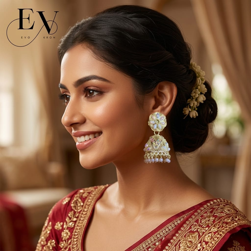White Blossom Jhumkas | Silver - Toned Pearl Flower Jhumka - Evokron