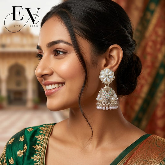 White Blossom Jhumkas | Silver-Toned Pearl Flower Jhumka Earrings with AB Crystal For Woman And girls Jewellery