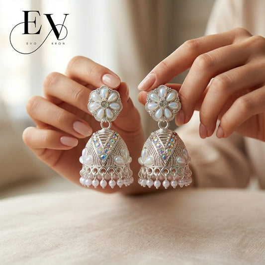 White Blossom Jhumkas | Silver-Toned Pearl Flower Jhumka Earrings with AB Crystal For Woman And girls Jewellery