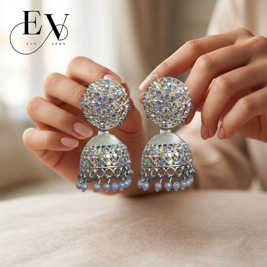 Aurora Jhumkas | Silver Filigree Disc Jhumka Earrings with Full AB Crystal For Woman And girls Jewellery