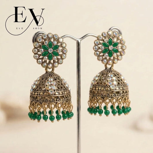 Eimerald Garden Jhumkas | Antique Gold Oxdised Jhumka Earrings with Green Emerald Flower Top & Bead Drops For Woman And girls Jewellery
