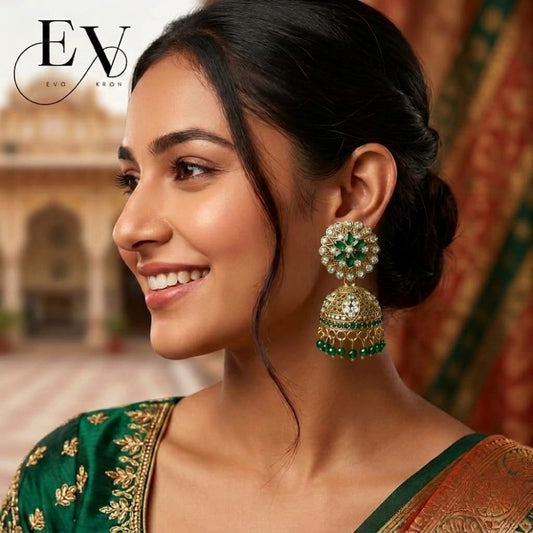 Eimerald Garden Jhumkas | Antique Gold Oxdised Jhumka Earrings with Green Emerald Flower Top & Bead Drops For Woman And girls Jewellery