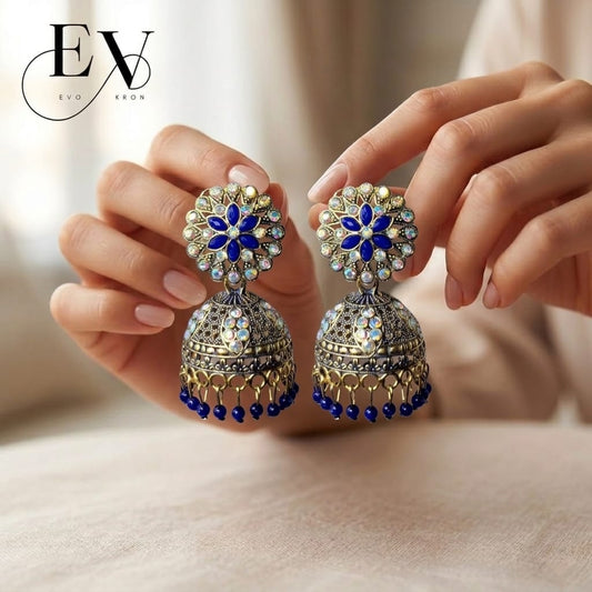 Indigo Bloom Jhumkas | Antique Gold Oxidised Jhumka Earrings with Blue Sapphire Flower Top & Bead Drops For Woman And girls Jewellery