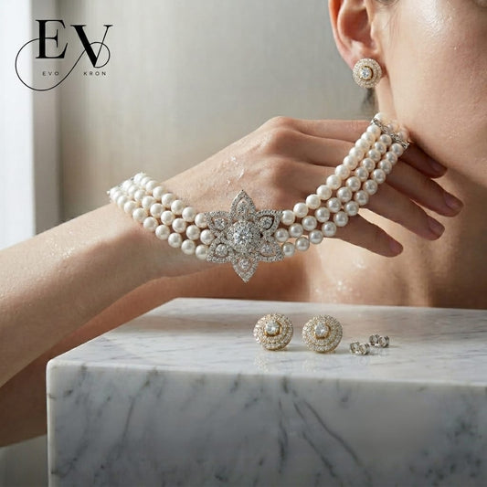 Royal Pearl Choker Set | Triple-Strand Pearl Choker with AD Star Brooch & Stud Earrings For Woman And girls Jewellery