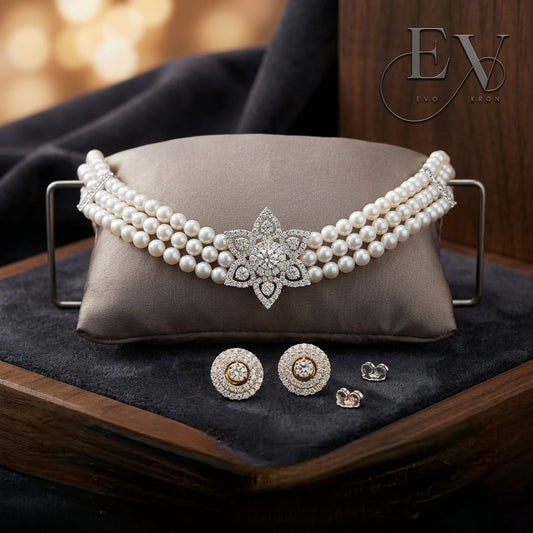 Royal Pearl Choker Set | Triple-Strand Pearl Choker with AD Star Brooch & Stud Earrings For Woman And girls Jewellery