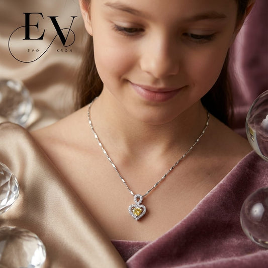 Silver-Plated Double Heart Pendant Necklace | Yellow Citrine & American Diamond | Women Girls Gift Jewellery