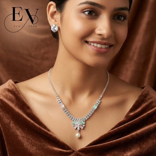 Ethereal Collection | AD Tennis Necklace Set with Mint & Blush Accents, Pearl Drop & Solitaire Studs For Woman And girls Jewellery