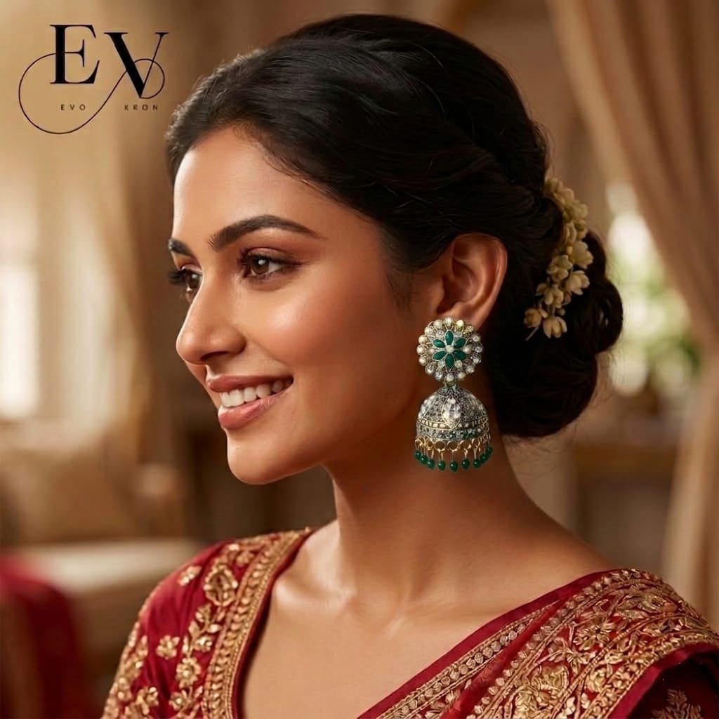 Eimerald Garden Jhumkas | Antique Gold Oxdised Jhumka - Evokron