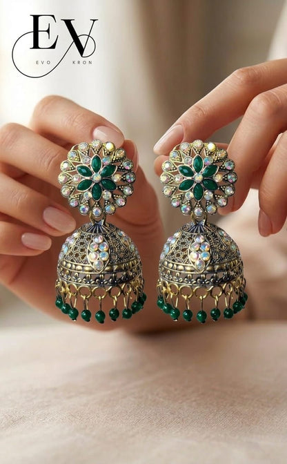 Eimerald Garden Jhumkas | Antique Gold Oxdised Jhumka - Evokron