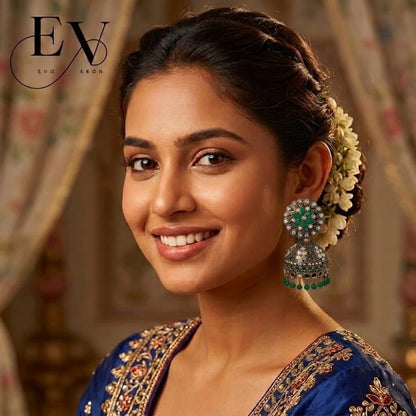 Eimerald Garden Jhumkas | Antique Gold Oxdised Jhumka - Evokron