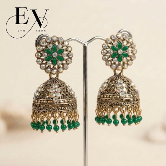 Eimerald Garden Jhumkas | Antique Gold Oxdised Jhumka - Evokron