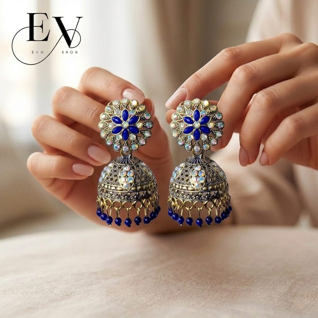 Indigo Bloom Jhumkas | Antique Gold Oxidised Jhumka - Evokron
