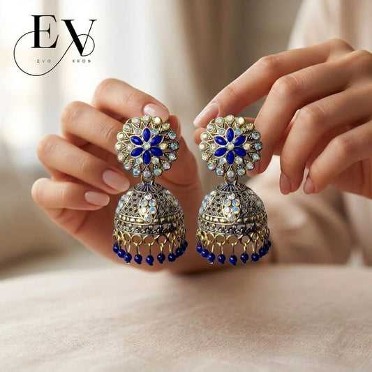 Indigo Bloom Jhumkas | Antique Gold Oxidised Jhumka - Evokron