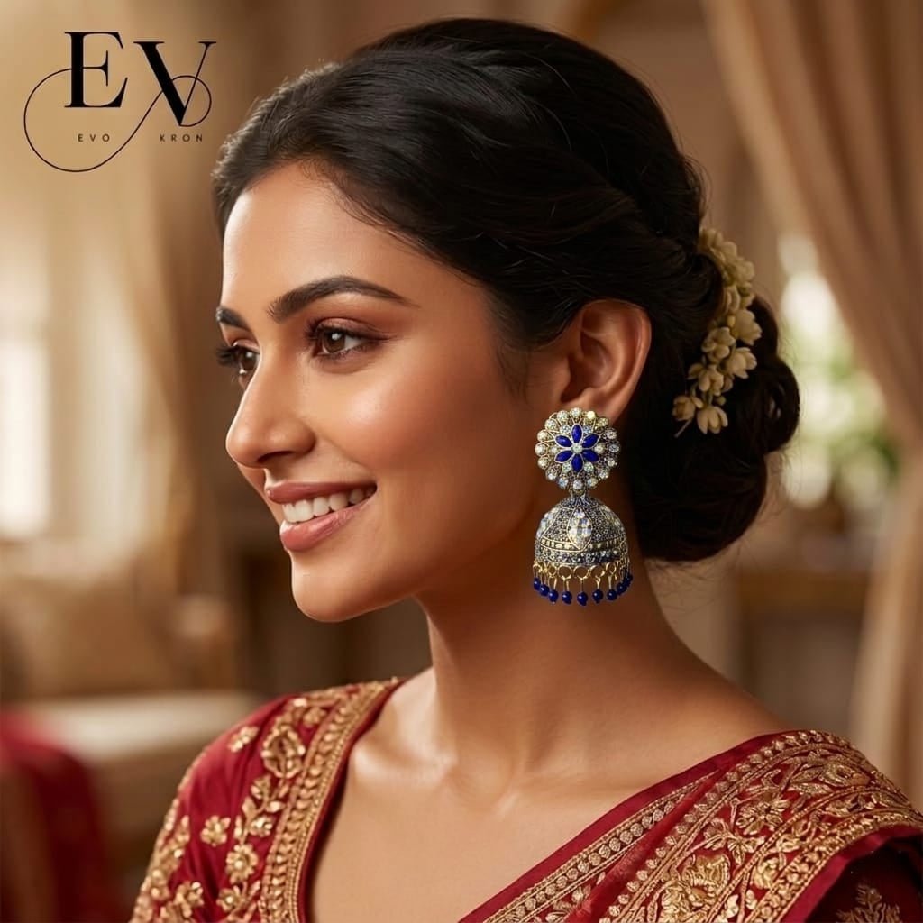 Indigo Bloom Jhumkas | Antique Gold Oxidised Jhumka - Evokron