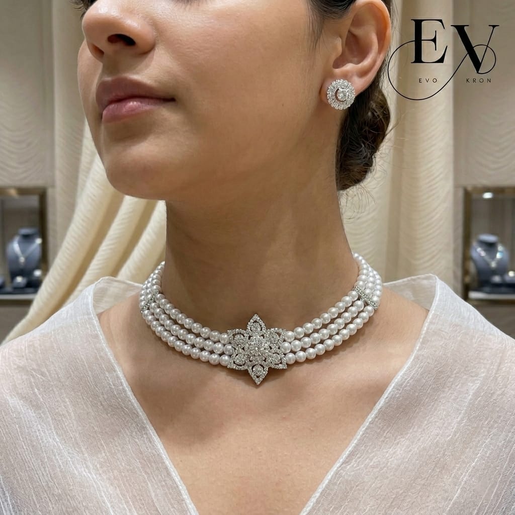 Royal Pearl Choker Set | Triple - Strand Pearl Stud Earrings - Evokron