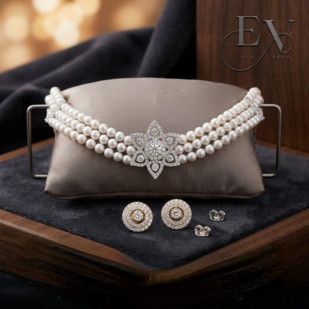 Royal Pearl Choker Set | Triple - Strand Pearl Stud Earrings - Evokron