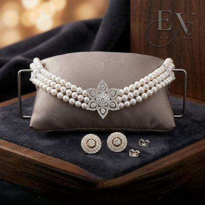 Royal Pearl Choker Set | Triple - Strand Pearl Stud Earrings - Evokron