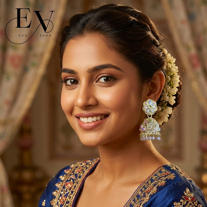 White Blossom Jhumkas | Silver - Toned Pearl Flower Jhumka - Evokron
