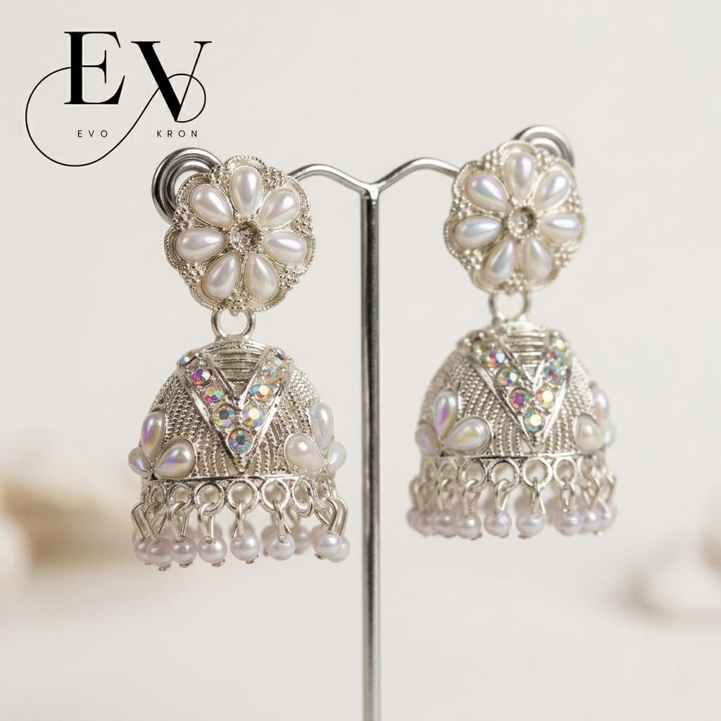 White Blossom Jhumkas | Silver - Toned Pearl Flower Jhumka - Evokron
